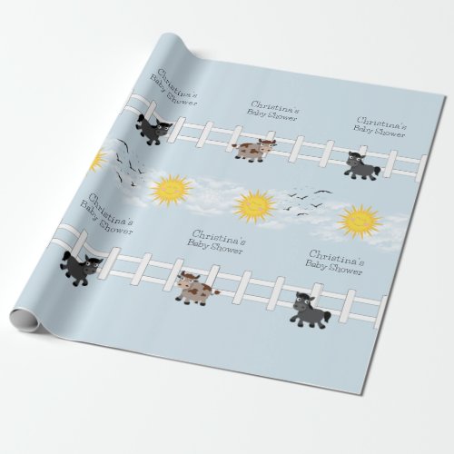  Baby Shower Farm Cow Horse Sun White Fence Wrapping Paper