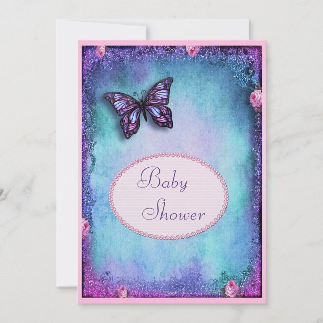 Baby Shower Faux Glitter, Butterfly, Roses, Lace Invitation (Front)