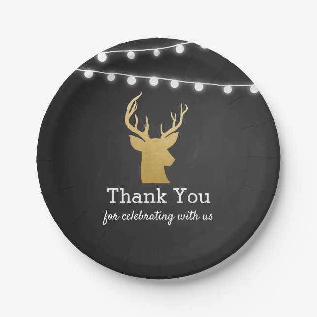 Baby Shower | Faux Gold Foil Antler | Thank You Paper Plates (Front)