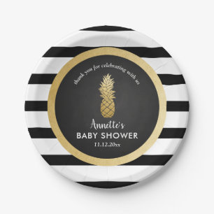 Baby Shower Faux Gold Foil Pineapple Stripes Paper Plates