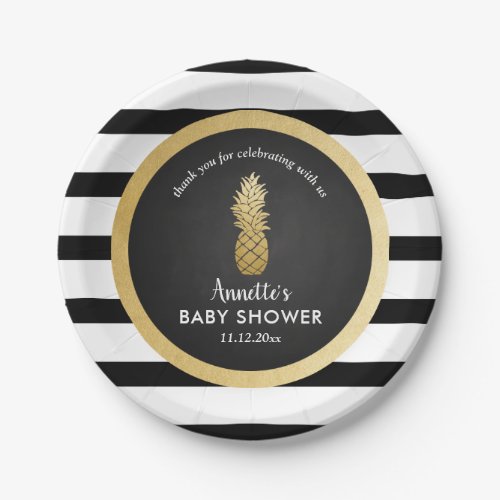 Baby Shower  Faux Gold Foil Pineapple  Stripes Paper Plates