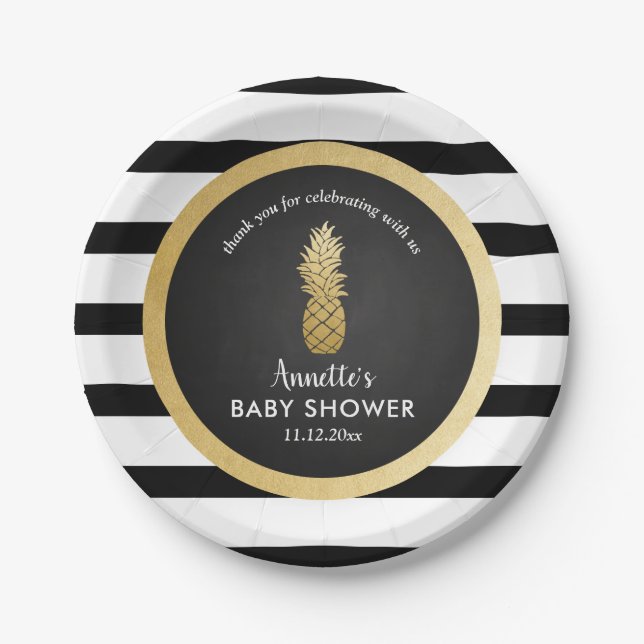 Baby Shower | Faux Gold Foil Pineapple | Stripes Paper Plates (Front)