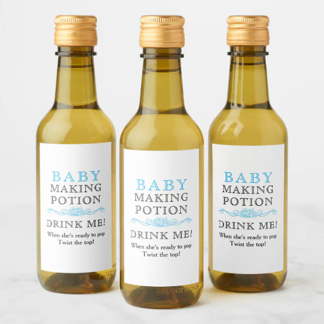 Baby Shower Favor Baby Making Potion Sky Blue Mini Wine Label | Zazzle