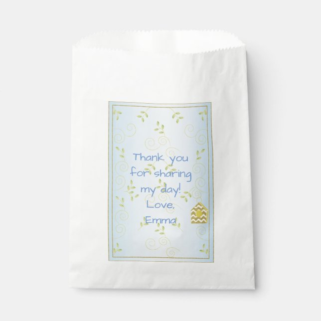 Baby Shower Favor Bag, Blue "Golden Birds" Bag (Front)
