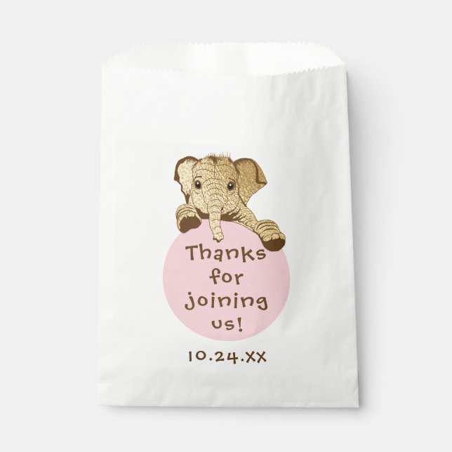 Baby Shower Favor Bag, Gold Pink Elephant Bag (Front)