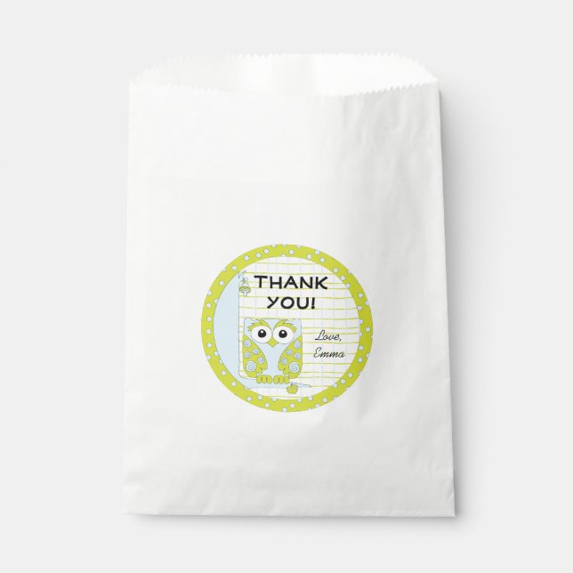Baby Shower Favor Bag, Owl in a Tree, Blue, Green Bag (Front)