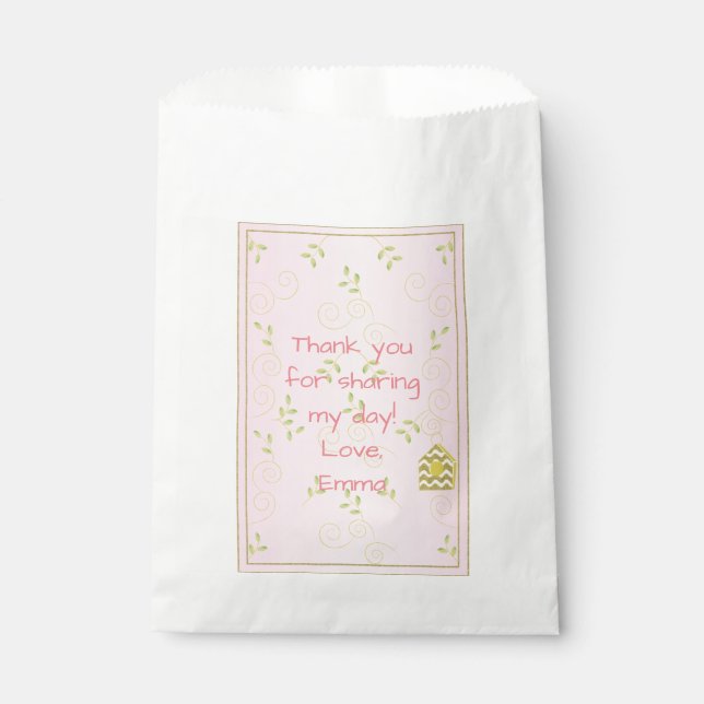 Baby Shower Favor Bag, PINK "Golden Birds" Bag (Front)