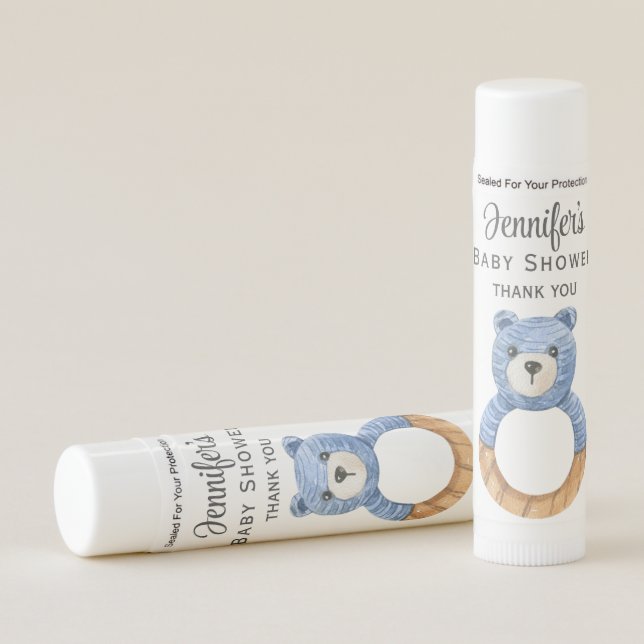 Baby Shower Favor Blue Bear Teething Ring Lip Balm (Front)