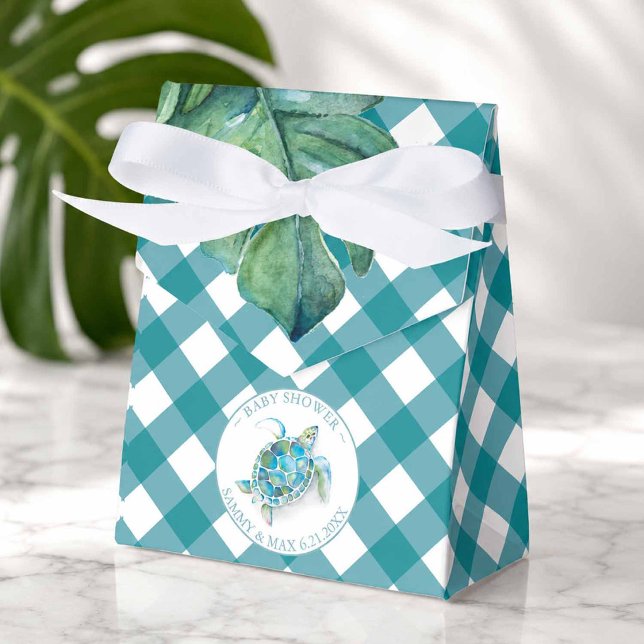 Baby Shower Favor Boxes Tropical Sea Turtle (Hawaiian themed party accessories features a sea turtle and blue gingham favor box)