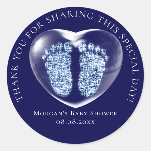 Baby Shower Favor Bubble Heart  Feet Blue Navy Classic Round Sticker