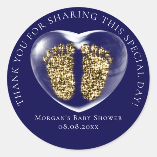 Baby Shower Favor Bubble Heart Gold Feet Blue Classic Round Sticker