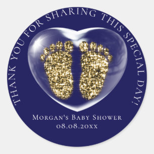 Baby Shower Favor Bubble Heart Gold Feet Blue Classic Round Sticker