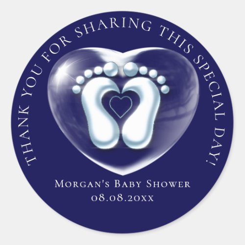 Baby Shower Favor Bubble Hearts  Feet Blue Navy Classic Round Sticker