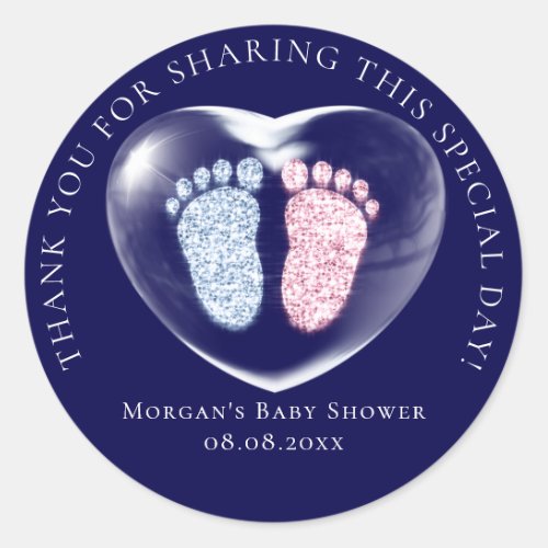Baby Shower Favor Bubble Hearts  Feet Blue Pink Classic Round Sticker