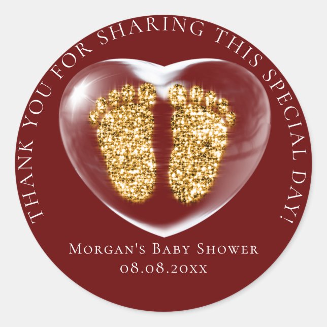Baby Shower Favor Bubble Hearts Feet Burgundy Gold Classic Round Sticker (Front)