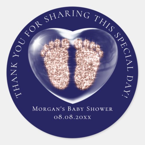 Baby Shower Favor Bubble Hearts  Feet Navy Rose Classic Round Sticker