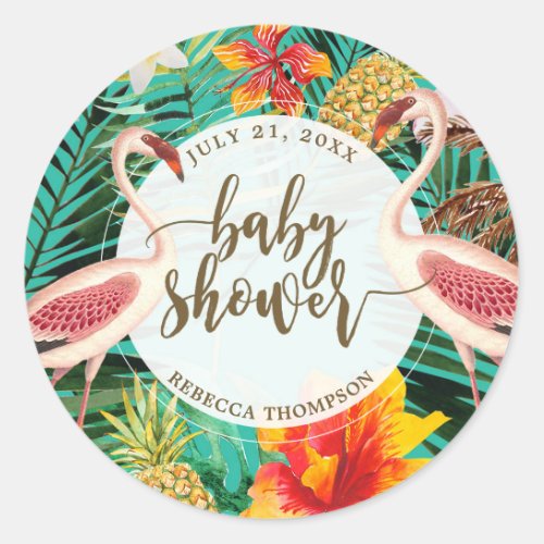 baby shower favor sticker tropical flamingo