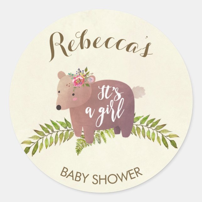 baby shower favor sticker woodland bear girl (Front)