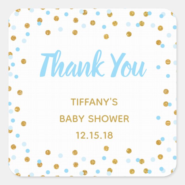 Baby Shower Favor Stickers Blue Gold Glitter (Front)