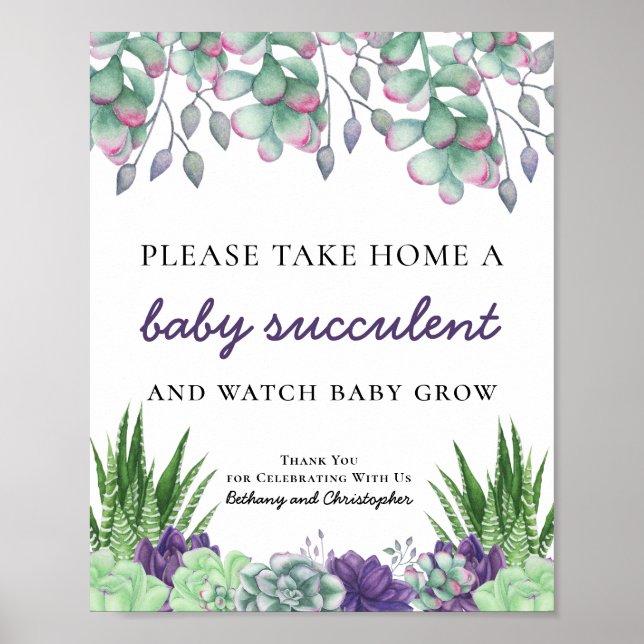 Baby Shower Favor Table Sign Watercolor Succulents (Front)