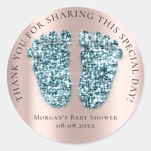 Baby Shower Favor Thank Glitter Blue Glitter Feet Classic Round Sticker