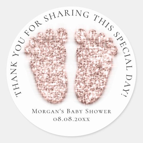 Baby Shower Favor Thank Glitter Girl Rose White Classic Round Sticker