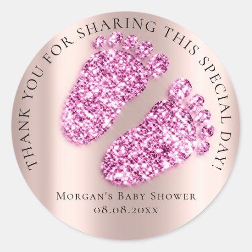 Baby Shower Favor Thank Glitter Rose Pink Feet  Classic Round Sticker