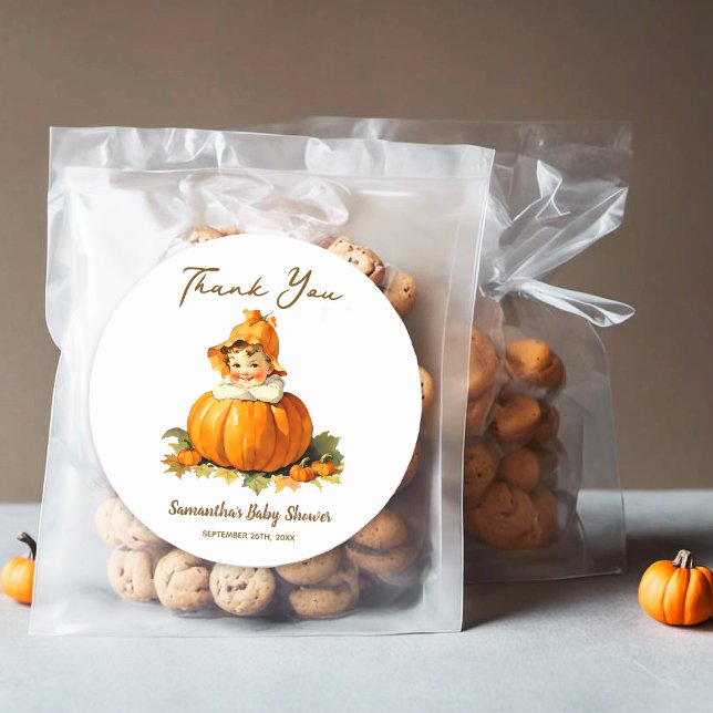 Baby Shower Favor Thank you Little Pumpkin Girly Classic Round Sticker (Creator Uploaded)