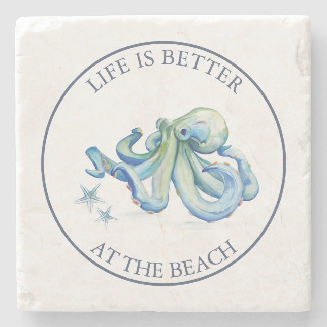Baby Shower Favors Beachy Blue Octopus Stone Coaster (Front)
