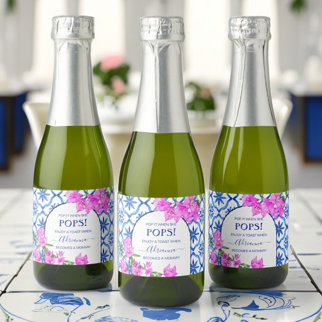 Baby shower favors blue tiles bougainvilleas sparkling wine label (Baby shower favors blue tiles bougainvilleas personalized  sparkling wine label pop it when she pops)