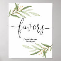 Baby shower favors sign greenery gold elegant