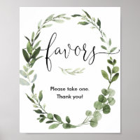 Baby shower favors sign greenery wreath elegant