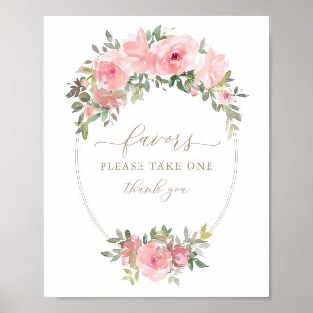Baby Shower Favors Sign Pink Gold Floral Greenery (Front)