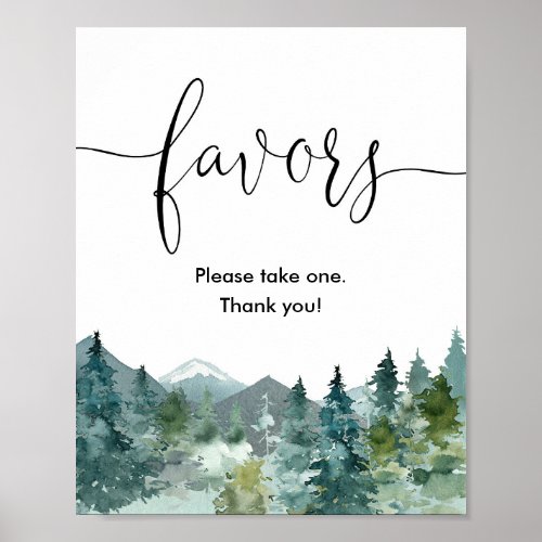 Baby shower favors sign rustic mountains and trees