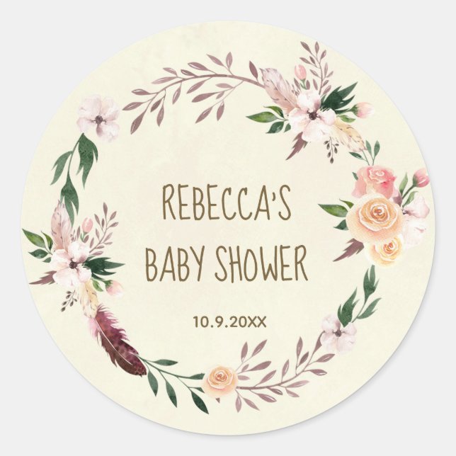 baby shower favors stickers boho floral feather (Front)