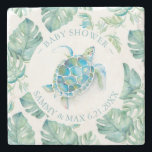 Baby Shower Favors Tropical Sea Turtle Stone Coaster<br><div class="desc">These tropical coasters feature a sea turtle encircled by monstera palm leaves. Use the template fields to add your custom information in turquoise blue. A cute choice for party tableware for gender neutral baby shower favors with an island theme. Unique watercolor art by Victoria Grigaliunas of Do Tell A Belle....</div>