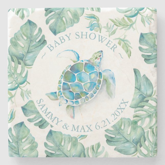 Baby Shower Favors Tropical Sea Turtle Stone Coaster (Front)