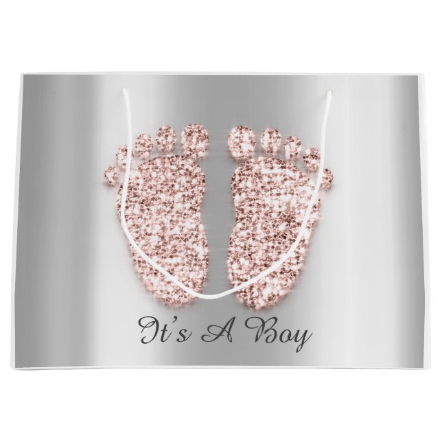 Baby Shower Feet Boy Girl Name Rose Blush Large Gift Bag (Front)