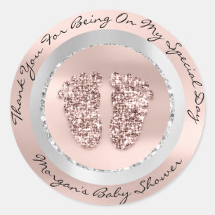 Baby Shower Feet Boy Girl Name Thank Gray Rose VIP Classic Round Sticker