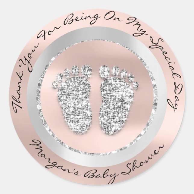 Baby Shower Feet Boy Girl Name Thank Gray Rose VIP Classic Round Sticker (Front)