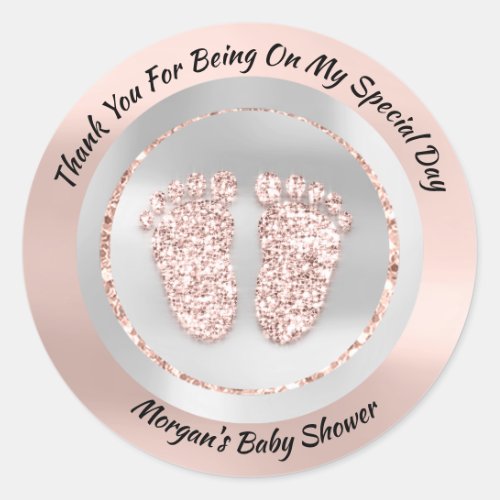 Baby Shower Feet Boy Girl Name ThankGray Rose Glam Classic Round Sticker