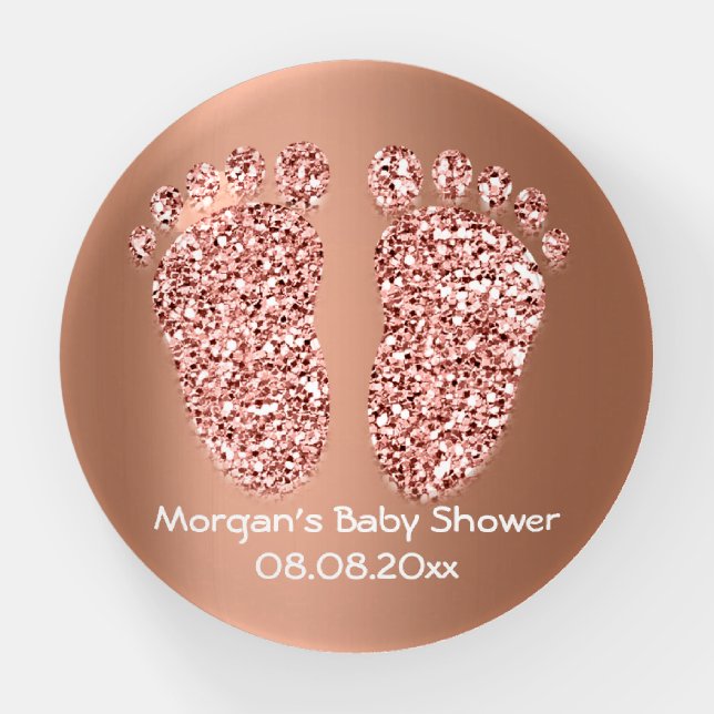 Baby Shower Feet Foot Glitter Rose Copper Girl Boy Paperweight (Front)