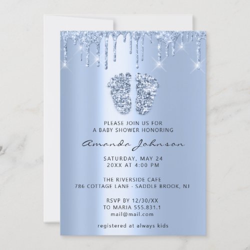 Baby Shower Feet Glitter Baby Blue Drips  Boy Girl Invitation