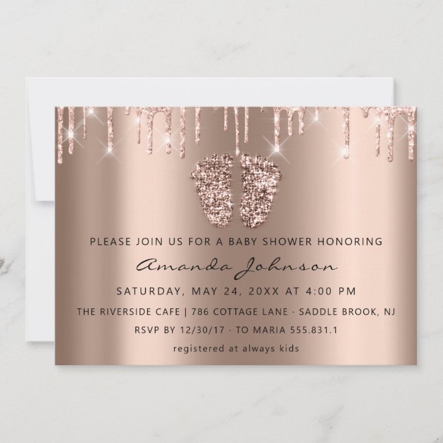 Baby Shower Feet Glitter Rose Gold Drips  Boy Girl Invitation (Front)