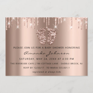 Baby Shower Feet Glitter Rose Gold Drips  Boy Girl Invitation