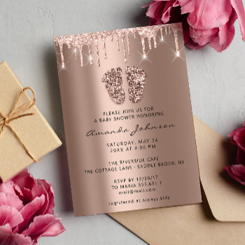 Baby Shower Feet Glitter Rose Gold Drips  Boy Girl Invitation by luxury_luxury at Zazzle