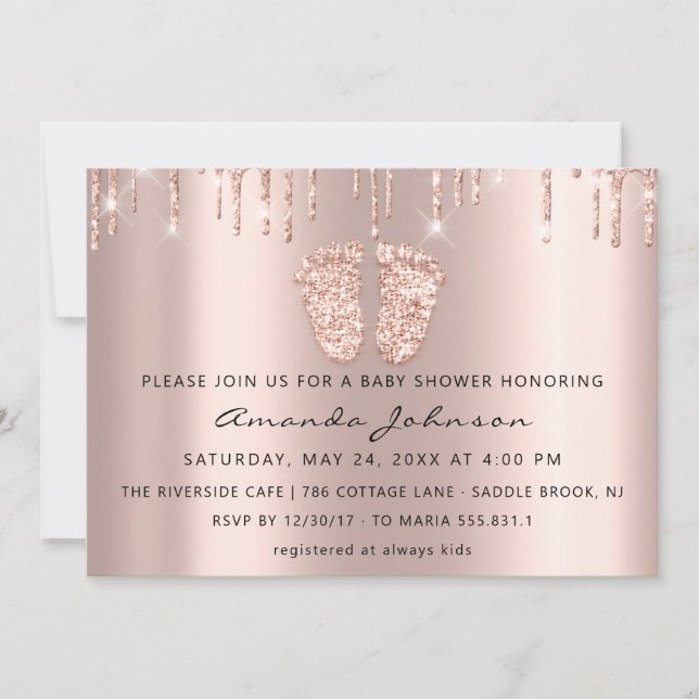 Baby Shower Feet Glitter Rose Gold Drips  Boy Girl Invitation (Front)