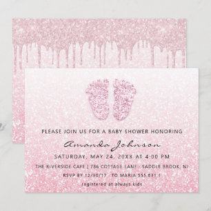 Baby Shower Feet Glitter Rose Pink Drips OmbreGirl Invitation