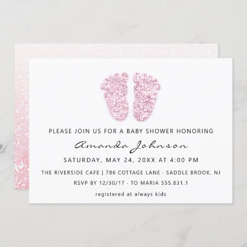 Baby Shower Feet Glitter Rose Pink White OmbreGirl Invitation