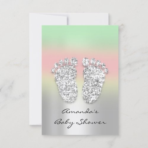 Baby Shower Feet Green Ombre Glitter Silver Gray Invitation